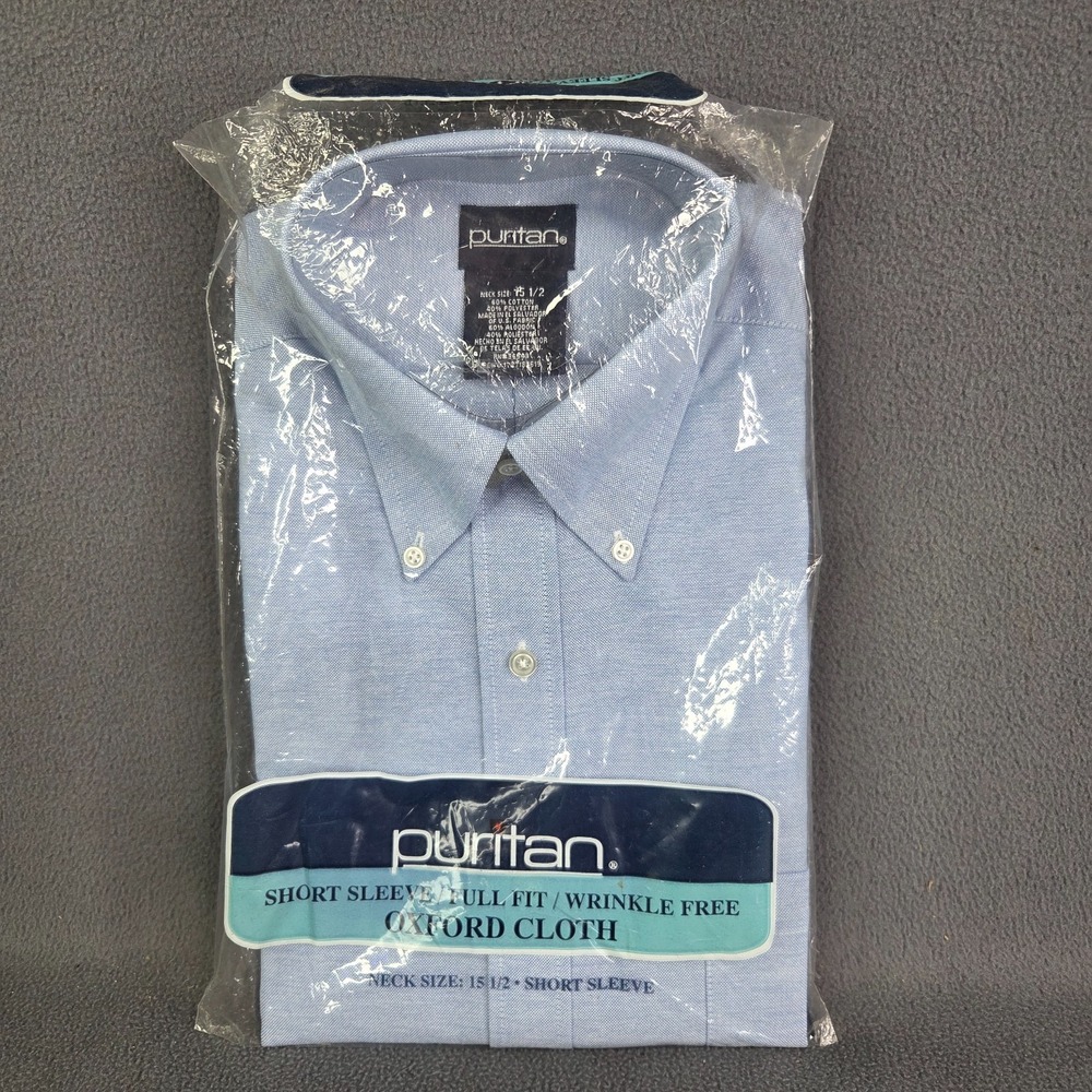 Vtg Puritan Short Sleeve Button Down Wrinkle Free Dress Shirt Mens 15.5 Blue NEW